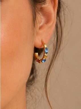 Gold Hoop Earrings with Blue Gem Accents - Women Jewelry